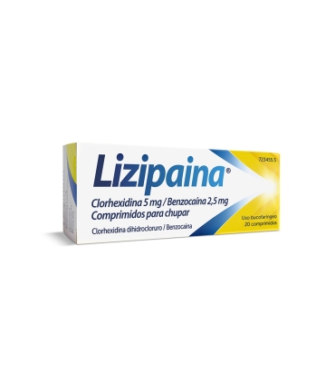 LIZIPAINA CLORHEXIDINA/BENZOCAINA 5 mg/2,5 mg 20 COMPRIMIDOS PARA CHUPAR (TUBO)